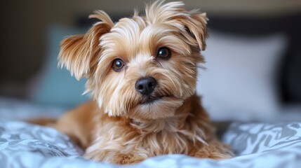 Cute small dog relaxing on cozy bed with soft blankets and pillows