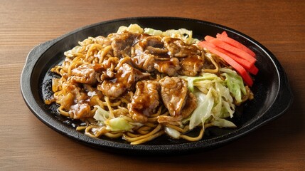 A plate of delicious yakisoba noodles with pork and cabbage is ready to eat