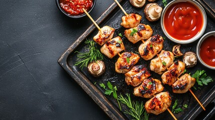 Grilled chicken kebabs with mushrooms and sauce are served on a tray