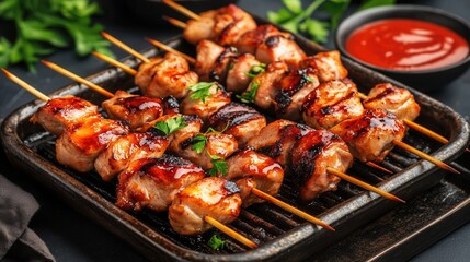 Delicious grilled chicken kebabs with sauce are ready to be served