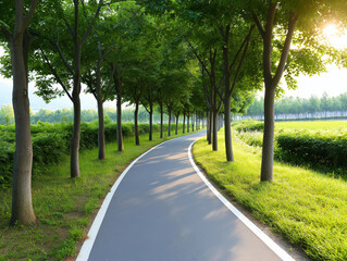 Fototapeta premium Scenic pathway lined with trees in a sunny outdoor setting during early morning