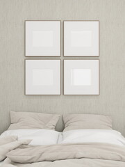 Four square frame mockups on a textured wall in a cozy bedroom. 3D rendering, interior design, 3D illustration