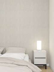 Wall mockup of a textured wall in a cozy bedroom with modern interior design. 3D rendering, interior design, 3D illustration