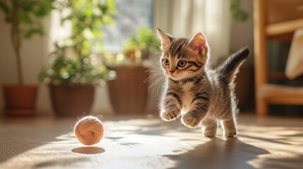Playful tabby kitten leaps toward orange yarn ball in sunlit room