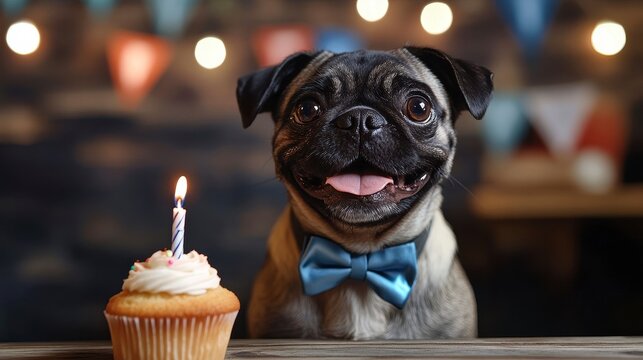 Happy Dog Celebrating Birthday with Cupcake and Candle