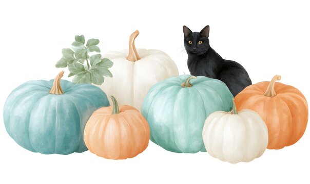 teal, orange and white pumpkins of varied sizes with a shiny blavk cat sitting on top. Generative AI