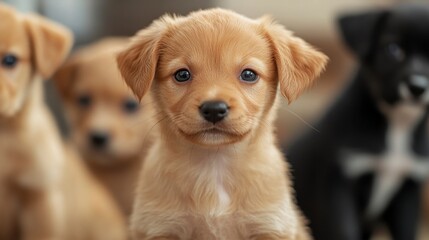Adorable Golden Puppy Sitting Among Other Playful Puppies