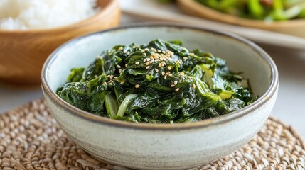 A bowl of seaweed salad with sesame seeds is served with rice
