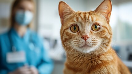 Adorable orange cat at veterinarian office during check-up session