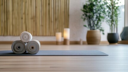 Rolled yoga mats are placed on a mat in a bright studio