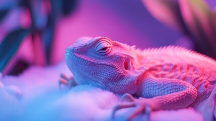 Serene Close-Up of a Colorful Lizard in Neon Lighting