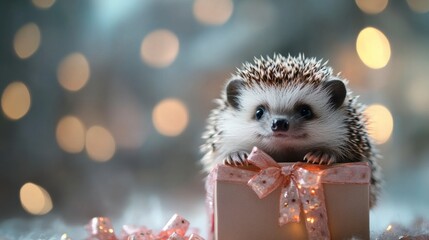 Adorable Hedgehog in a Gift Box Surrounded by Soft Holiday Lights