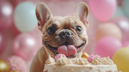 Cheerful Dog with Birthday Cake Surrounded by Colorful Balloons