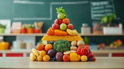 Colorful Pyramid of Fresh Fruits and Vegetables on a Table