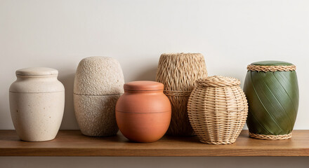 Biodegradable cremation urns made of natural materials on wooden shelf  