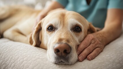 Close-up of a Labrador Retriever Dog Relaxing with Caregiver Hand