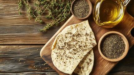 Flatbread with zaatar spice and olive oil are arranged on a wooden board with thyme