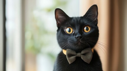 Elegant Black Cat with Bow Tie Posing Beside Window in Natural Light