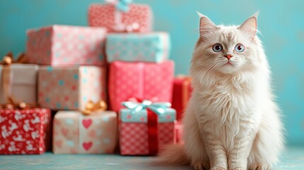 Adorable White Cat Surrounded by Colorful Gift Boxes and Presents