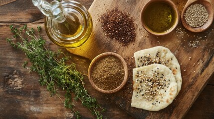 Olive oil, zaatar spice, and flatbread are arranged with thyme on a wooden board