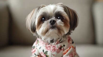 Cute small dog in floral outfit sitting on cozy couch indoors