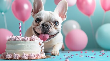 Happy French Bulldog Celebrates Birthday with Cake and Balloons