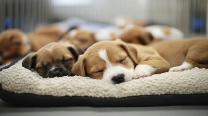 Cute Puppies Sleeping Together on a Cozy Bed in a Pet Studio
