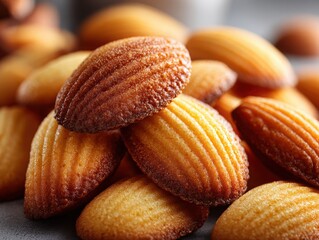 Madeleine cake in the shape of a shell tightly packed together in large quantities 