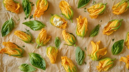 Fresh zucchini flowers and basil leaves are arranged on parchment paper for cooking