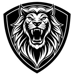 Obraz premium Aggressive lion head emblem roaring with open mouth and sharp teeth
