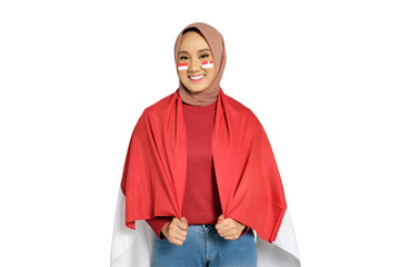 Happy young Asian women celebrate Indonesian independence day on 17 August with the Indonesian flag...