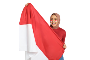 Excited young Asian women celebrate Indonesian independence day on 17 August with the Indonesian flag isolated on transparent background