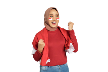 Excited young Asian women celebrate Indonesian independence day on 17 August with the Indonesian flag isolated on transparent background