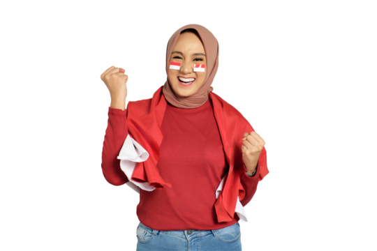 Excited young Asian women celebrate Indonesian independence day on 17 August with the Indonesian flag isolated on transparent background