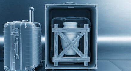 Digital-style X-ray scan of wooden crate with urn, securely packed  