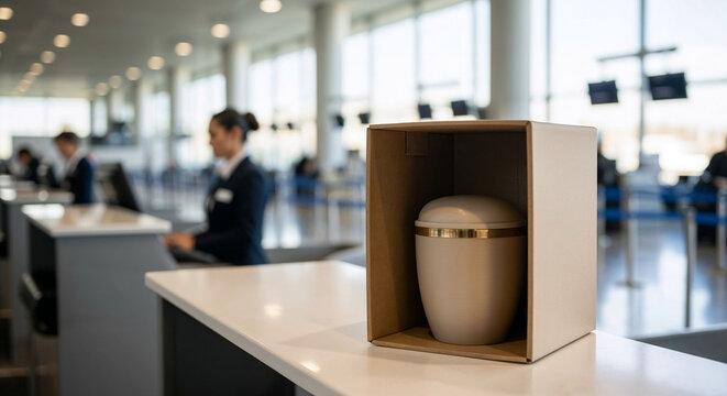 Cremation urn in discreet box on airport check-in counter  