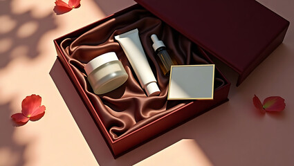 Luxurious skincare gift set with cream jar serum bottle and tube nestled in a satin lined box with rose petals