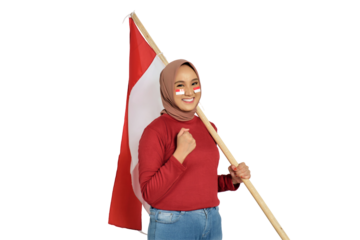 Excited young Asian women celebrate Indonesian independence day on 17 August by holding the Indonesian flag isolated on transparent background