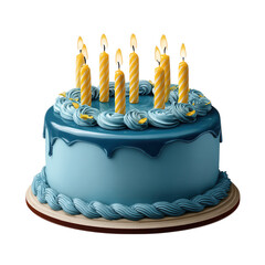 Blue birthday cake with candles isolated on transparent