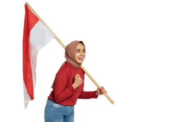 Excited young Asian women celebrate Indonesian independence day on 17 August by holding the Indonesian flag isolated on transparent background