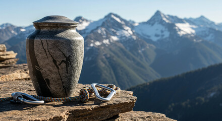 Decoratiurn with climbing gear on rocky ledge in mountains  