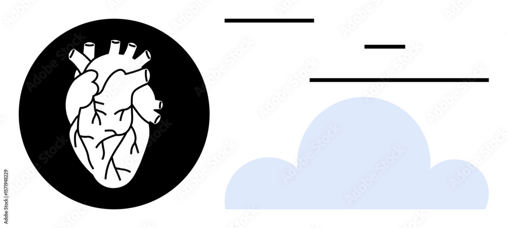 Poster anatomical heart within black circle paired with soft cloud and lines in modern layout. ideal for sc