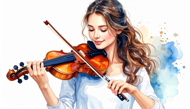 バイオリンを弾く女性の水彩タッチのイラスト。AIで生成