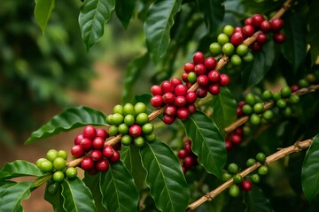 Obraz premium Coffee cherries ripening on branch close-up