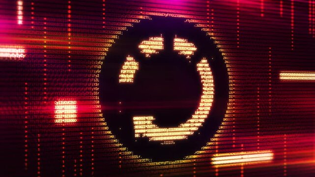 Circular symbol with a rotating arrow formed by code on a digital display