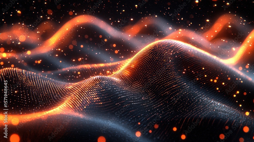 Fototapete Abstract digital landscape with flowing orange and dark lines.  Particles and glowing dots create a dynamic surface