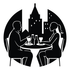 A romantic silhouette of a couple sitting and dining together, sharing a quiet meal at a small table, capturing love, intimacy, and connection in a timeless moment.
