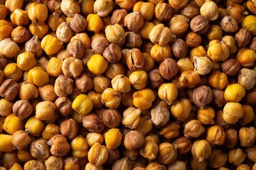 A close-up of chickpeas, showcasing their tiny and round shape with yellowish-brown hues. The background is neutral to highlight the texture and color contrast between each one in the top view. 