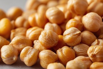 A close-up of chickpeas, showcasing their small size and golden-brown color. The background is neutral to highlight the texture and quality of the dried beans.