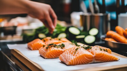Close-up of raw salmon fillets on white paper, next to green zucchini and carrots in the background. A hand is placing them onto an empty wooden board for cooking the fish. dark kitchen background